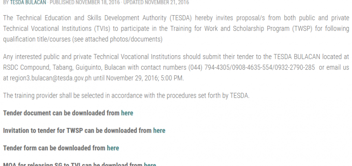 ANNOUNCEMENT: INVITATION TO TENDER FOR TWSP