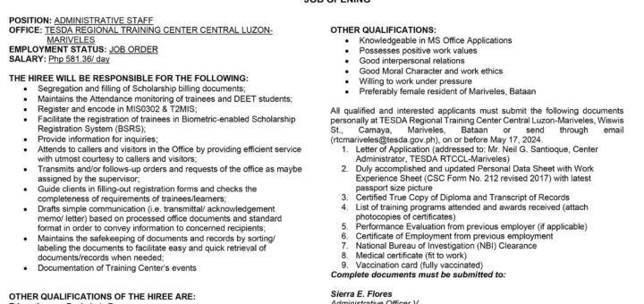 TESDA Regional Training Center Central Luzon-Mariveles is hiring!
